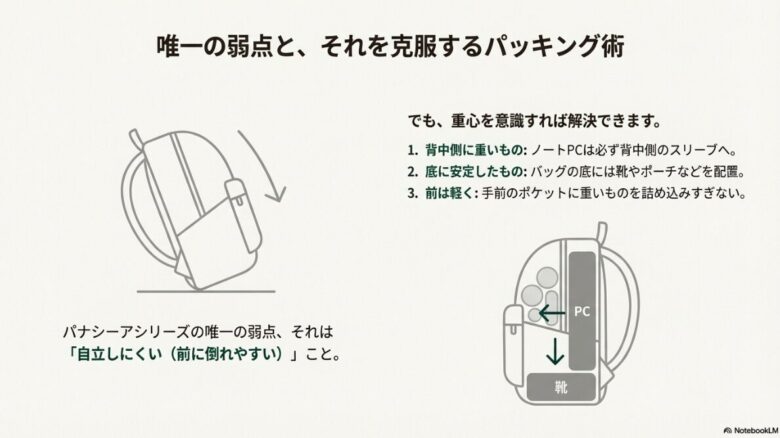 バックパックが前に倒れる様子と、PCを背中側、靴を底側に配置して重心を安定させるパッキング手順のイラスト。