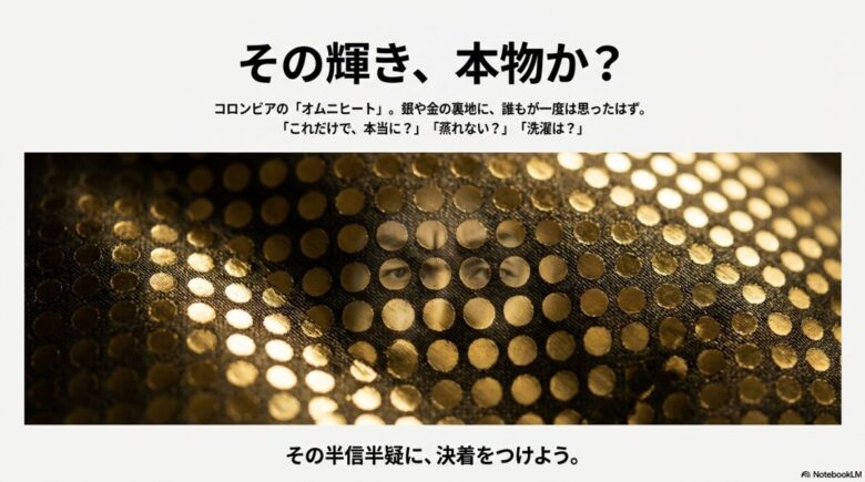 オムニヒートの金色のドットプリントを背景に「本当に暖かいのか?」「蒸れない?」「洗濯は?」というユーザーの疑問を提示するスライド