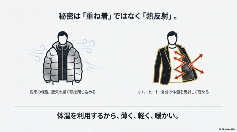 防寒着を着た人物のイラスト。従来のデッドエアによる保温と、オムニヒートが体温を反射して暖める仕組みの違いを比較解説。