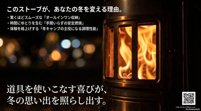 収納性、手間いらずの燃焼、調理性能の3つのポイントをまとめた最終スライド。