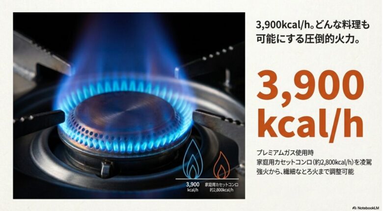 プレミアムガス使用時に3,900kcal/hに達するUS-DIIの火力と、家庭用カセットコンロ（約2,800kcal/h）の火力を比較したイメージ図