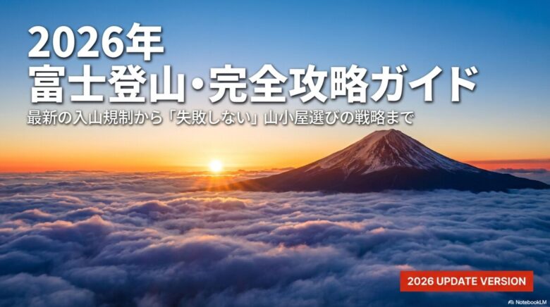 2026年富士登山完全攻略ガイド。最新の入山規制から失敗しない山小屋選びの戦略までを解説する表紙スライド