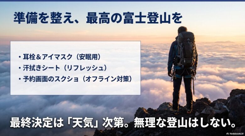 安眠用の耳栓＆アイマスク、リフレッシュ用の汗拭きシート、オフライン対策の予約画面スクショなど、準備を整え最高の富士登山にするためのまとめスライド。