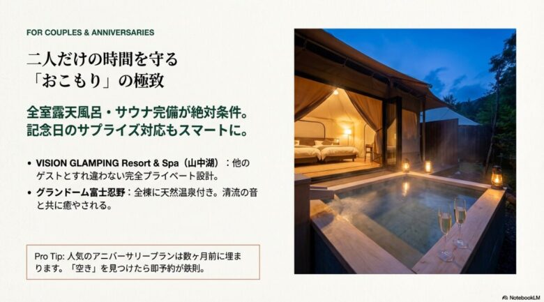 豪華な客室露天風呂とサウナが完備されたカップル・記念日向けの完全プライベートなグランピング施設の様子