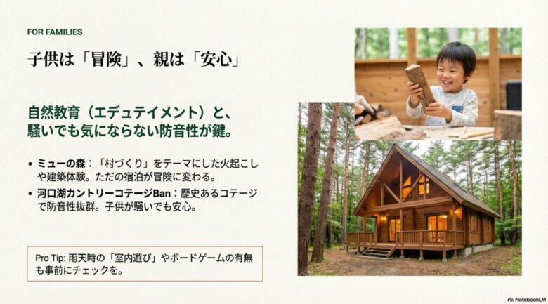 子供が火起こし体験を楽しんでいる様子と、自然に囲まれた防音性の高いコテージの外観