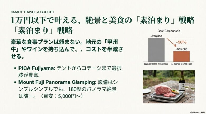 標準的な夕食付きプランと、素泊まり＋食材持ち込みプランの費用を比較し、コストが50%削減できることを示すグラフ