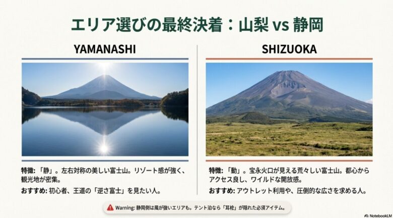 山梨県側から見える左右対称の逆さ富士と、静岡県側から見える宝永火口が特徴的な荒々しい富士山の比較写真