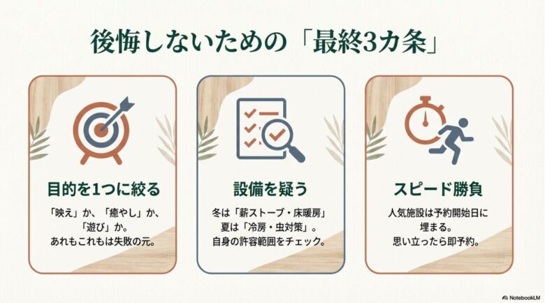 目的を1つに絞る、設備を疑う、スピード勝負という、宿選びで失敗しないための3つの重要ポイント