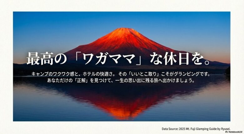 キャンプのワクワク感とホテルの快適さを両立させたグランピングで、あなただけの正解を見つけるメッセージ