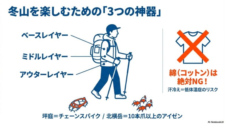 ベース・ミドル・アウターのレイヤリングと、綿製品NGの警告、チェーンスパイクやアイゼンの使い分けを説明するスライド