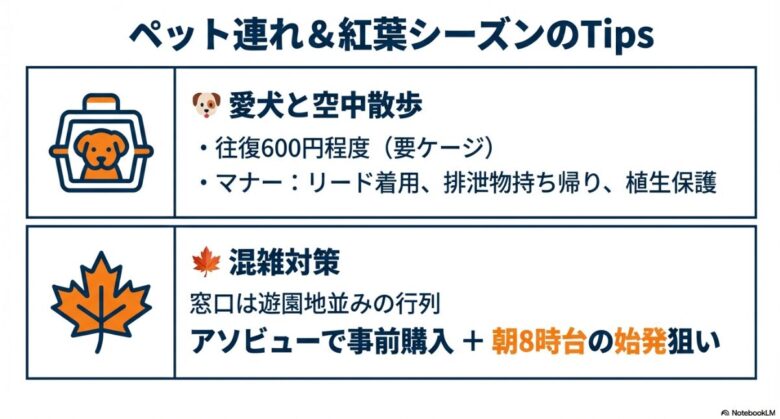 ペット乗車料金（往復600円程度）やマナー、紅葉シーズンの混雑回避策としてのアソビュー事前購入を説明するスライド