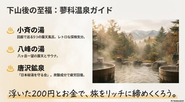 小斉の湯、八峰の湯、唐沢鉱泉それぞれの特徴を紹介する温泉ガイドスライド