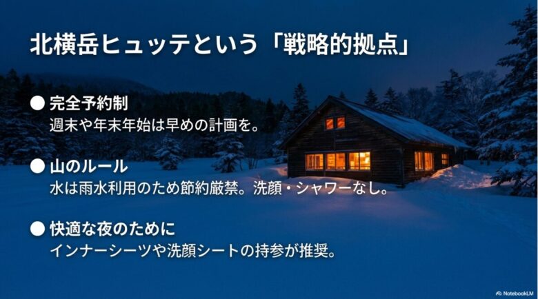 完全予約制の案内、雨水利用・洗顔なし等のルール、持参推奨アイテム（インナーシーツ等）をまとめたスライド