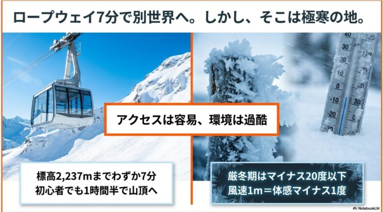 ロープウェイで標高2,237mまで7分で到着できる容易なアクセスと、厳冬期はマイナス20度以下になる過酷な気象環境を比較したインフォグラフィック