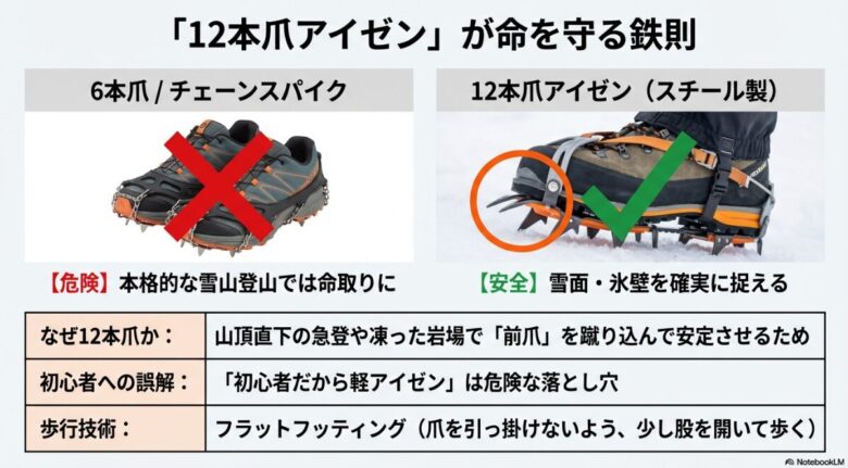雪山登山における12本爪アイゼンの重要性を解説。軽アイゼンやチェーンスパイクとの違い、前爪の役割、歩行技術「フラットフィッティング」のポイントを説明したスライド。