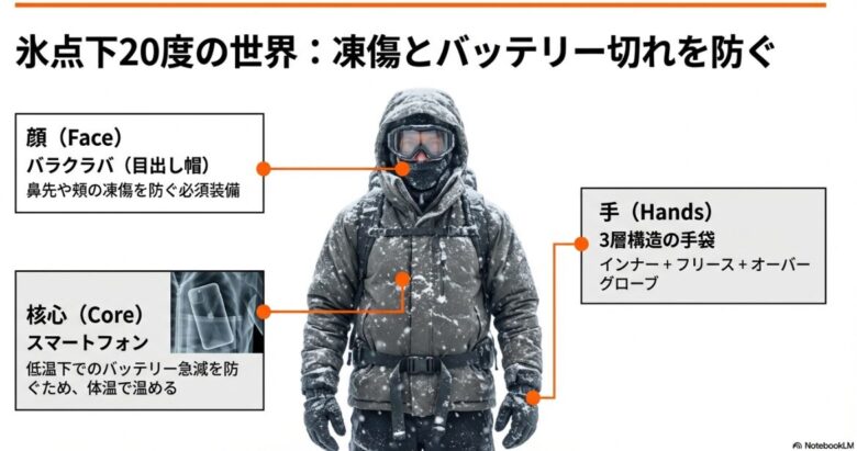 顔を守るバラクラバ、3層構造の手袋、体温で温めてバッテリー消耗を防ぐスマートフォンの収納方法を解説した装備ガイドスライド