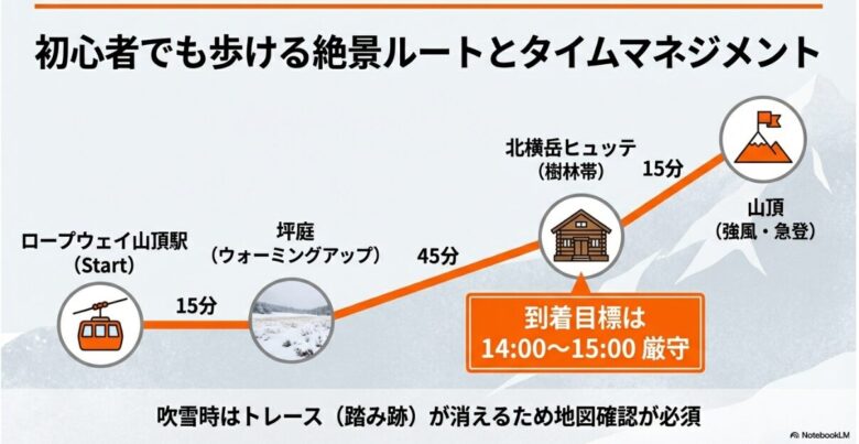 ロープウェイ山頂駅から北横岳山頂までのルートマップと各区間の所要時間、および安全のための「14:00〜15:00ヒュッテ到着厳守」のタイムスケジュールを示したスライド。