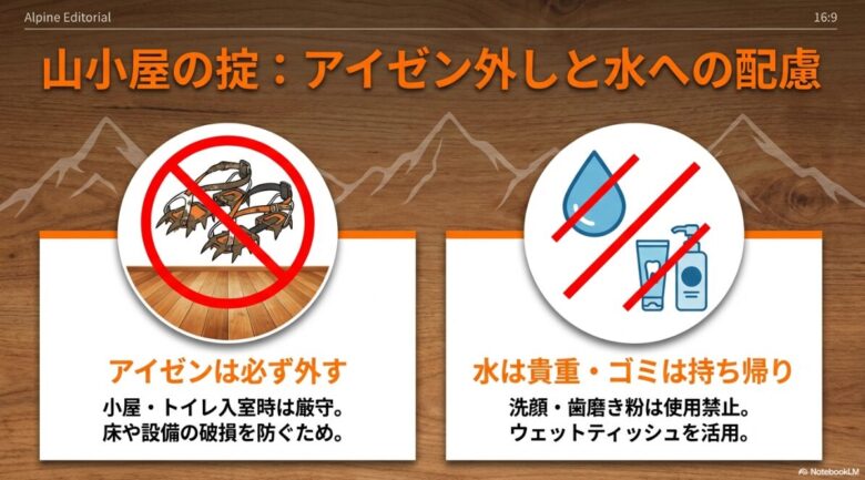 小屋・トイレ内でのアイゼン着用禁止の徹底と、水の使用制限(洗顔・歯磨き粉禁止)、ゴミの持ち帰りについてイラストで解説したマナースライド