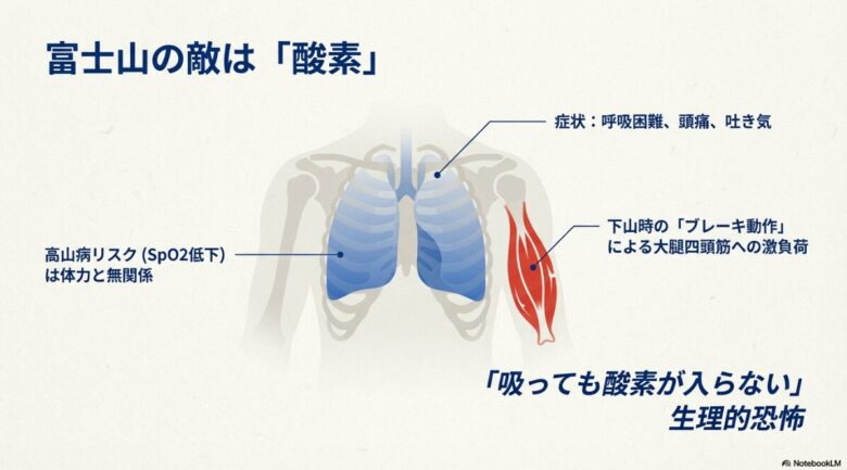 富士山の敵は酸素であるとし、呼吸困難や頭痛などの高山病リスク、下山時の大腿四頭筋への激しい負荷、生理的恐怖について説明したスライド
