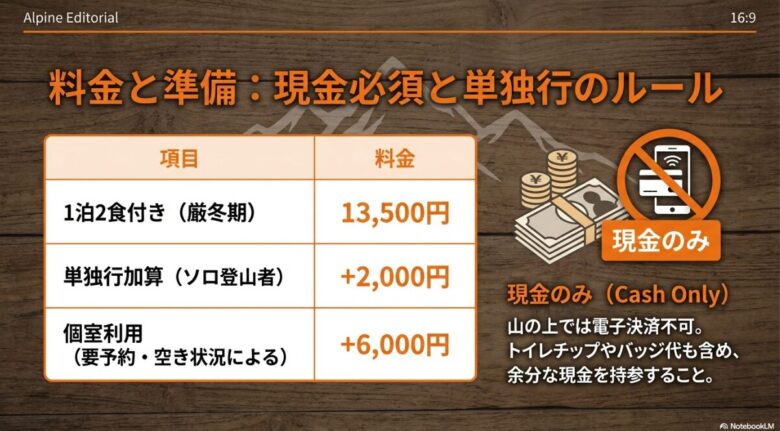 1泊2食付きの基本料金、単独行加算、個室利用料の一覧と、山の上では電子決済不可(現金のみ)であることの注意喚起スライド