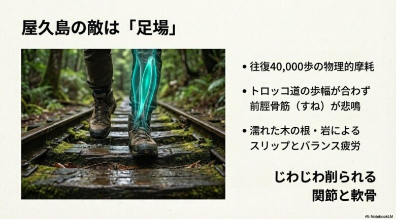 屋久島のトロッコ道を歩く足元の画像。往復40,000歩の摩耗、歩幅の合わないトロッコ道による前脛骨筋の疲労、濡れた木の根によるスリップリスクを解説