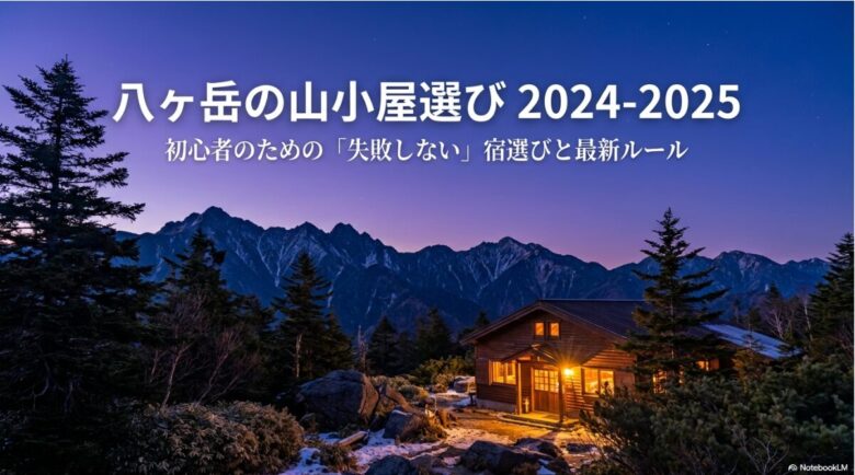 「八ヶ岳の山小屋選び 2024-2025 初心者のための『失敗しない』宿選びと最新ルール」と書かれた表紙スライド画像