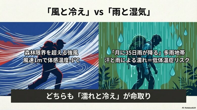 富士山の強風と体感温度の低下、屋久島の多雨地帯による濡れと低体温症リスクを比較し、どちらも濡れと冷えが命取りであることを示すスライド。