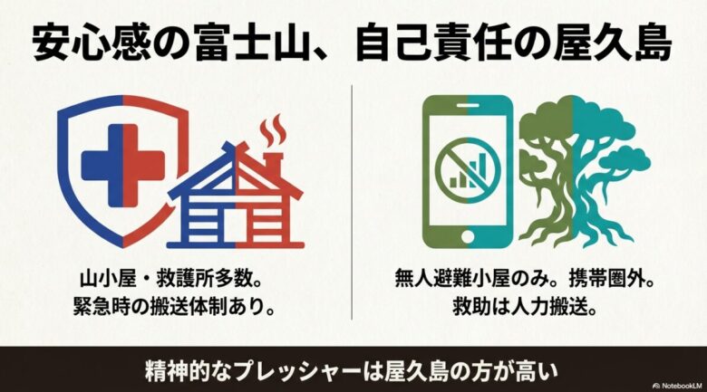 安心感の富士山（山小屋多数・救護所あり）と自己責任の屋久島（無人小屋のみ・携帯圏外・人力搬送）を比較した安全管理に関するスライド。