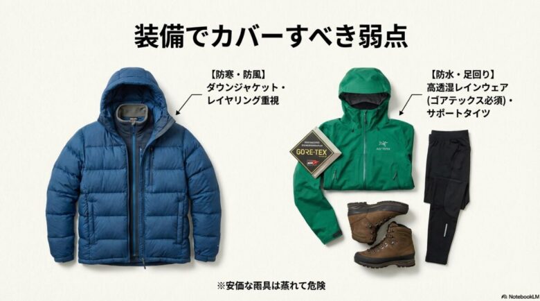 富士山用の防寒・防風レイヤリング（ダウンジャケット）と、屋久島用の防水・足回り（ゴアテックスレインウェア、サポートタイツ）の推奨装備を並べた比較画像。