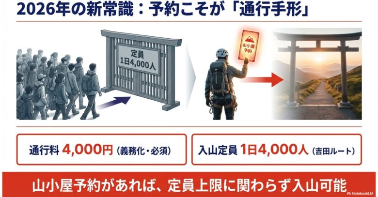 吉田ルートのゲートに「定員1日4,000人」と書かれた看板があり、登山者が並んでいるイラスト。通行料4,000円が義務化され、山小屋予約があれば定員上限に関わらず入山可能であることを示す図解。