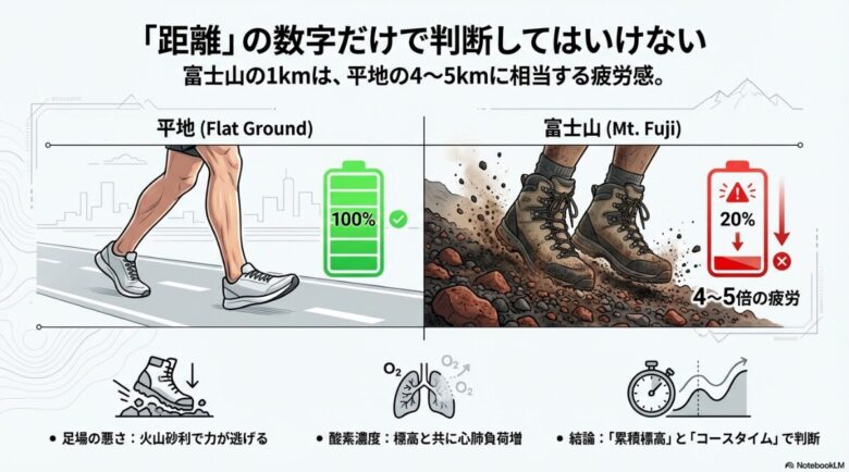 平地と富士山での歩行における疲労度の違いを比較したイラスト。富士山の1kmは平地の4〜5倍の疲労感があることを示している