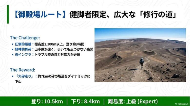 御殿場ルートの広大な砂礫の道。圧倒的な距離と標高差、山小屋の少なさなど上級者向けの修行の道であることを示している