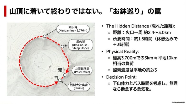 富士山火口を一周するお鉢巡りのマップ。剣ヶ峰や山頂郵便局の位置、一周約2.4kmから3.0kmの距離があることを説明している