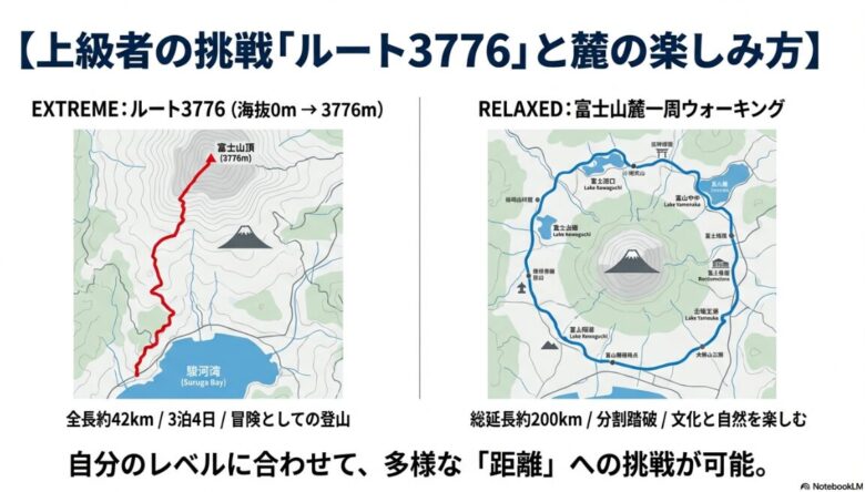 海抜0mから山頂を目指す全長約42kmのルート3776と、山麓を一周する約200kmのウォーキングコースの図解。