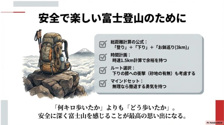 富士登山の総距離計算公式（登り＋下り＋お鉢巡り）と、安全に歩くためのマインドセットをまとめたイラスト。