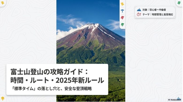 富士山登山の攻略ガイドの表紙スライド。初心者から中級者を対象とした時間管理と高度順応のテーマが記載されている
