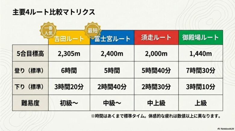 吉田、富士宮、須走、御殿場の4ルートの標高、登り・下り標準タイム、難易度をまとめた比較表。