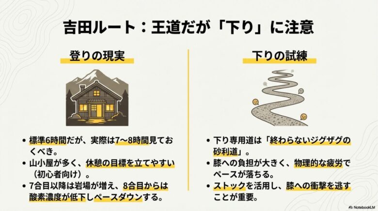 吉田ルートの登りでは標準タイムより余裕を持つこと、下りでは膝への負担が大きい砂利道が続くことを説明するスライド
