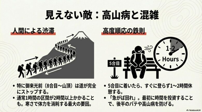 御来光前の渋滞で通常の倍の時間がかかることと、5合目で1〜2時間休憩する高度順応の重要性を示す図解。
