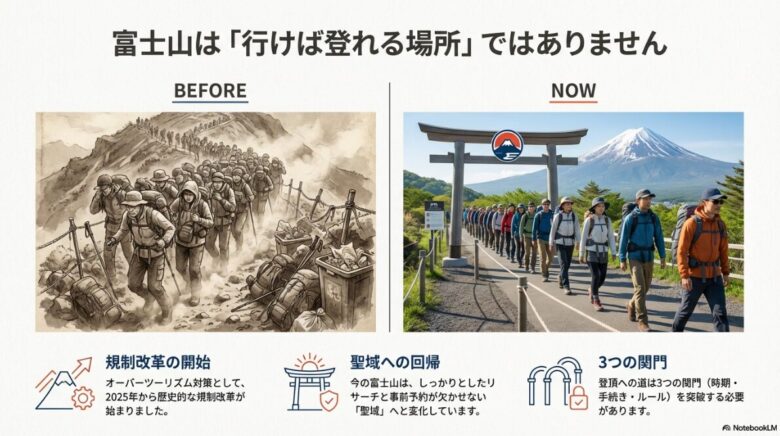 かつての混雑した富士登山のイラストと、現在の整列してゲートを通過する登山者の写真の比較。オーバーツーリズム対策による変化を表現