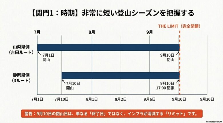 山梨県側吉田ルートが7月1日開山、静岡県側3ルートが7月10日開山、全ルートが9月10日に閉山することを示すカレンダー形式の図解。