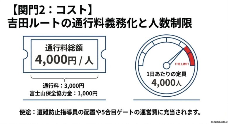 通行料3,000円と保全協力金1,000円の合計4,000円が必要であることと、1日4,000人の人数制限があることを示すインフォグラフィック