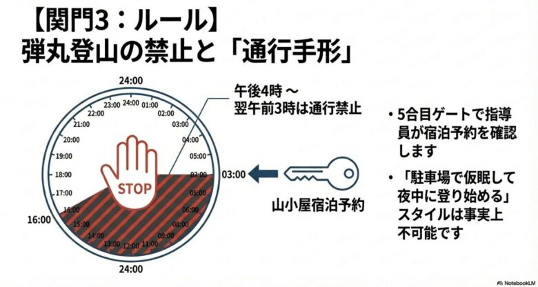 午後4時から翌午前3時までが通行禁止であることを示す時計のイラスト。山小屋宿泊予約が「鍵」となることを表現