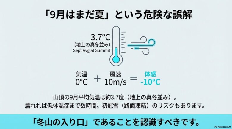 9月の山頂平均気温が3.7度であることと、強風によって体感温度がマイナス10度まで下がるリスクを警告する図解