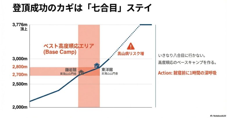 標高ごとの高山病リスクを示すグラフ。2,700m〜2,800mの七合目（鎌岩館・東洋館付近）がベスト高度順応エリアであり、いきなり八合目に行かないことを推奨する図解。