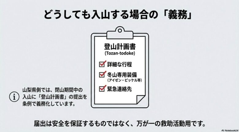 詳細な行程、冬山専用装備、緊急連絡先など、登山計画書に必要な項目をまとめたチェックリストのイラスト