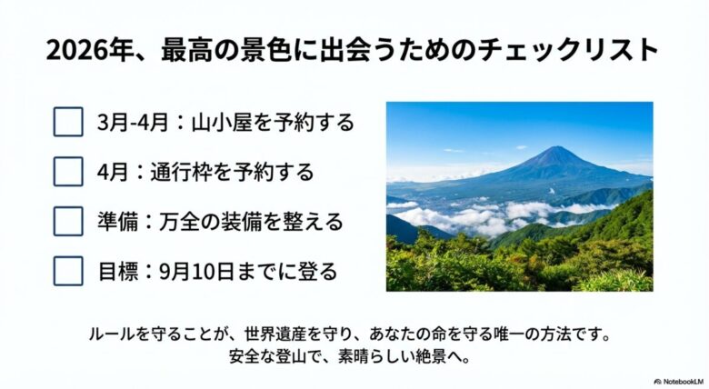 富士山の美しい絶景写真とともに、3〜4月の山小屋予約から9月10日の閉山までのステップをまとめた最終チェックリスト