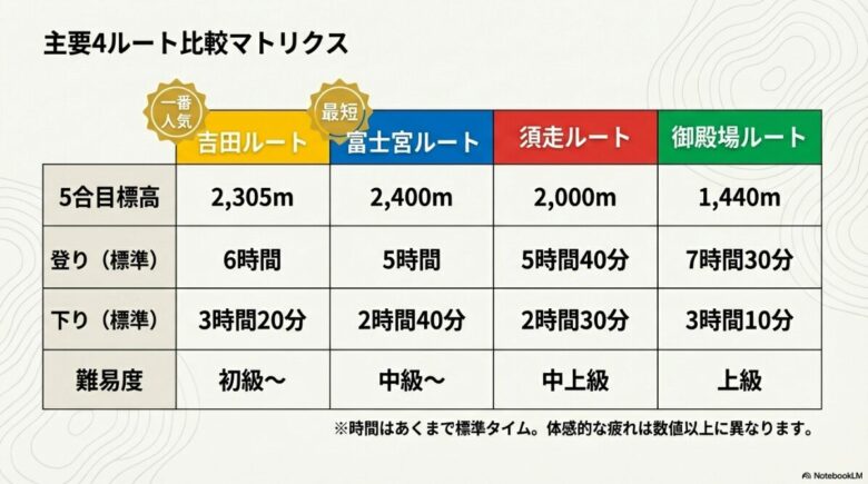 吉田・富士宮・須走・御殿場の主要4ルートの始点標高、登り・下りの距離、目安タイムをまとめた比較表。