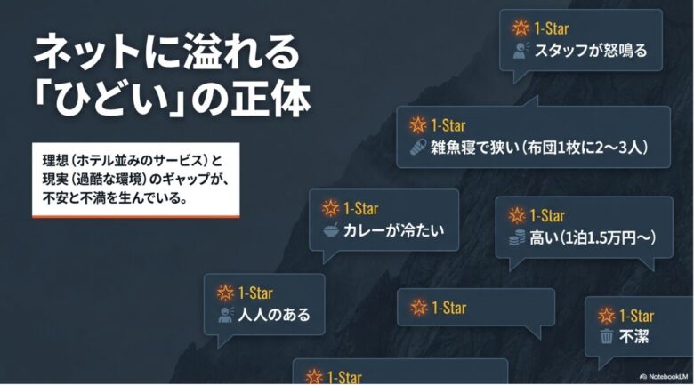 スタッフの態度、狭い寝床、高い宿泊費、食事内容など、ネット上の低い評価の内容をまとめた図解スライド。
