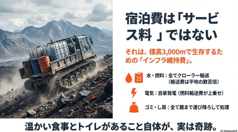 富士山の急斜面を登る物資輸送用クローラーの画像と、高額な輸送費や自家発電、ゴミ処理などのインフラ維持コストを説明するスライド